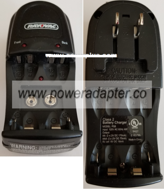 RAYOVAC PS8 9VDC 16mA CLASS 2 BATTERY CHARGER USED 120VAC 60Hz RAYOVAC PS8 9VDC 16mA CLASS 2 BATTERY CHARGER USED 120VAC 60Hz